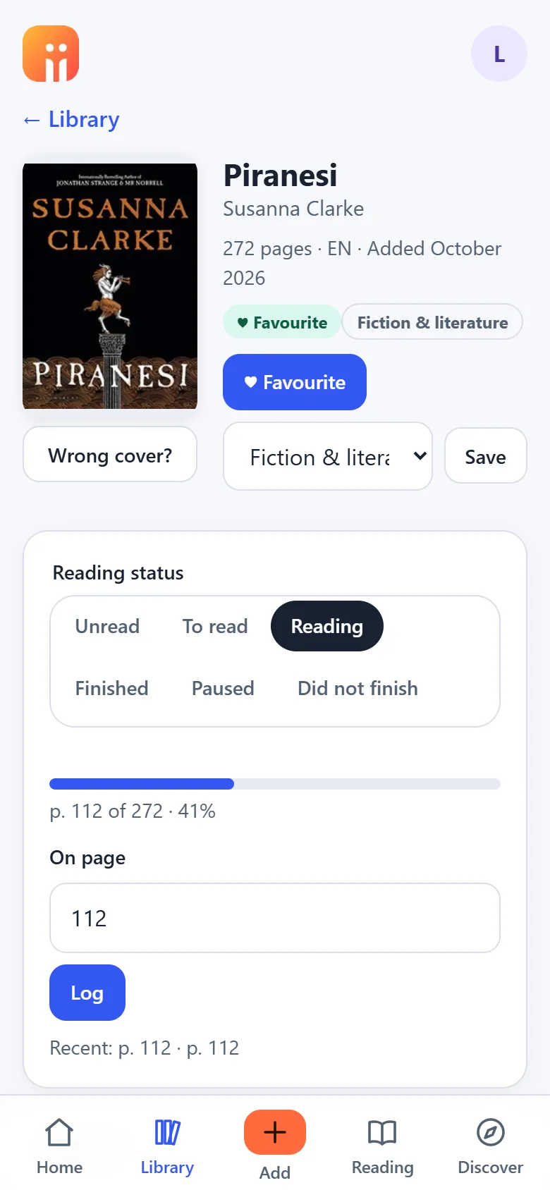 A book page with favourite, category, reading status and progress