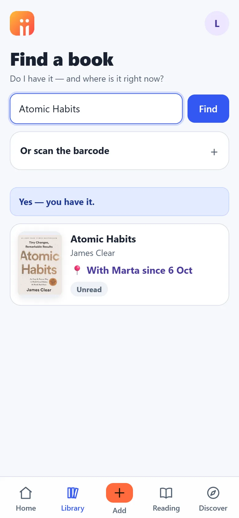 The Find a book screen answering Yes, you have it, and where the book is right now