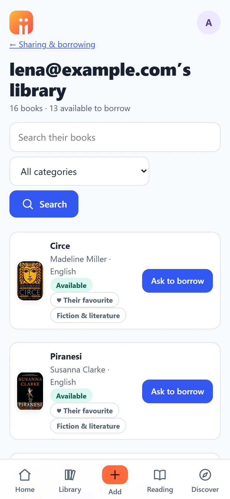 A friend's shared library with Available and favourite badges and an Ask to borrow button