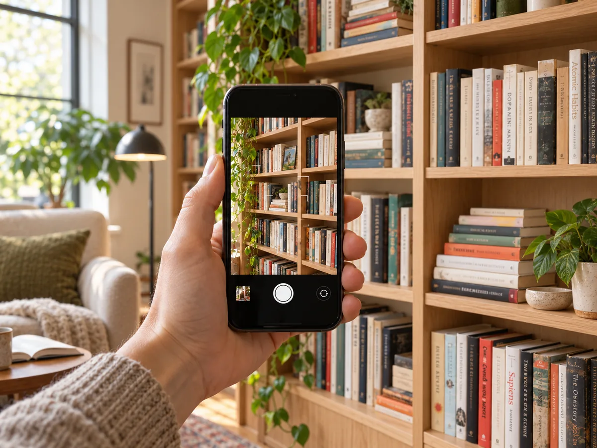 A hand holds a phone photographing a full oak bookshelf in a bright reading room.