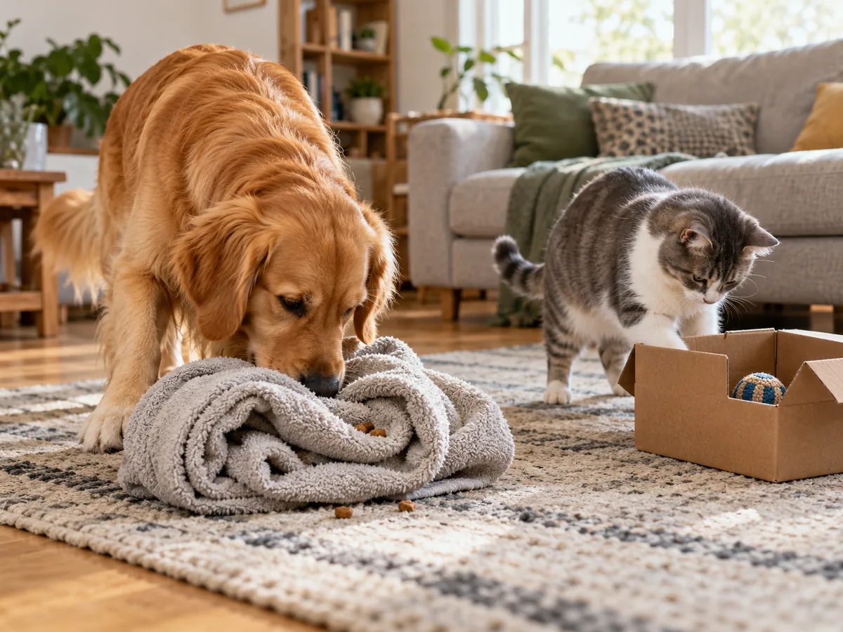 A golden retriever sniffs for treats in a rolled towel while a grey-and-white cat investigates a ball in a cardboard box.