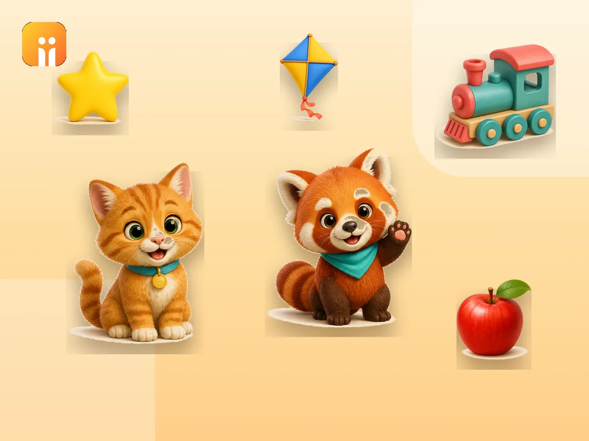 Billy the Kitten and Rusty the red panda wave beside a star, a kite, a toy train and an apple from the learning games.